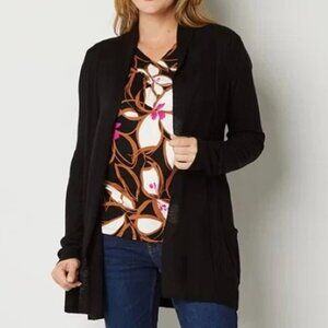 Liz Claiborne Cardigan Sweater Womens Black Open Front Ribbed Knit Pockets NWT